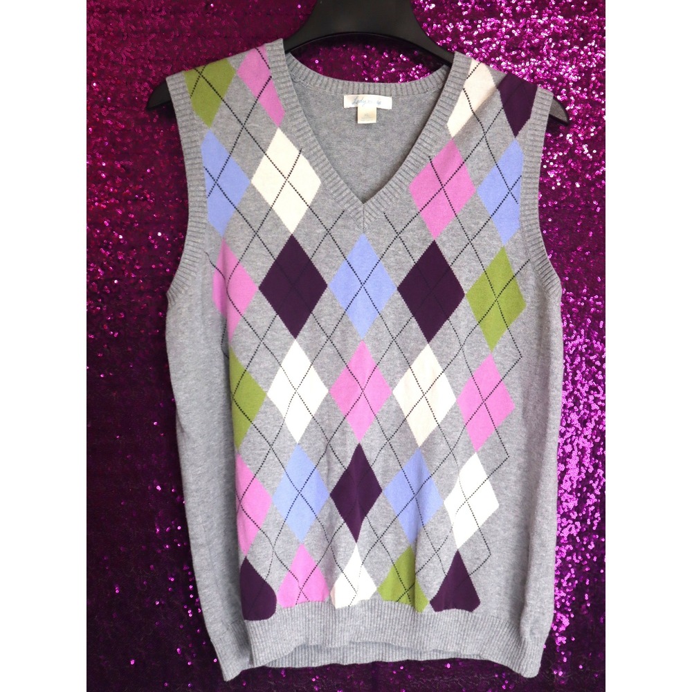Grey Argyle Sweater Vest XL Lady Hagen Womens V-Neck Cotton Golf Pastel Academia